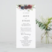 バーガンディおよび青い花の結婚式プログラム プログラム (スタンド正面)