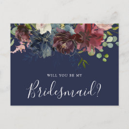 バーガンディおよび青い花柄はです私の新婦付添人決定します インビテーションポストカード