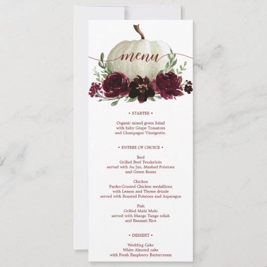 バーガンディかぼちゃの秋の結婚式メニューまたはシャワー 招待状 (正面)