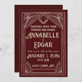 バーガンディとアイボリー結婚アールデコ 招待状 (正面/裏面)