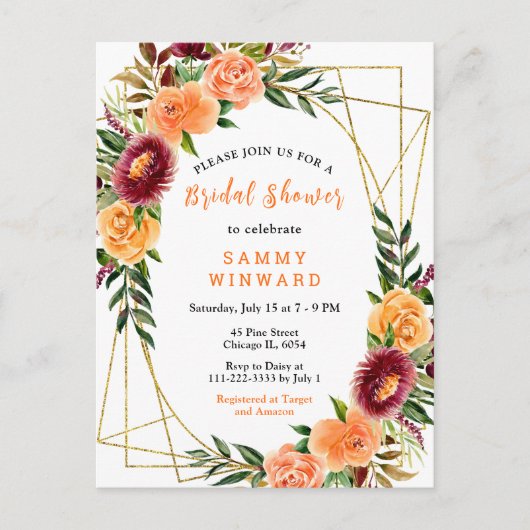 バーガンディとオレンジ色の花ブライダルシャワー ポストカード (正面)