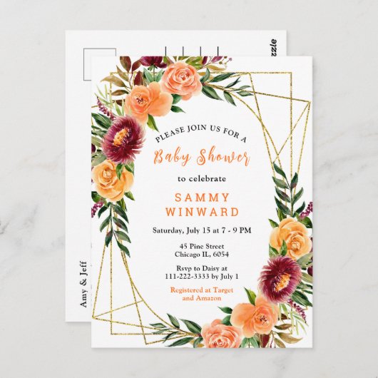 バーガンディとオレンジ色の花赤ちゃんシャワー ポストカード (正面/裏面)