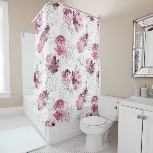 バーガンディとカーマインのスケッチ水色の花 シャワーカーテン (インサイチュ)