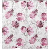 バーガンディとカーマインのスケッチ水色の花 シャワーカーテン (正面)