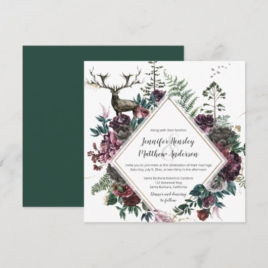 バーガンディとグレイの花模様に鹿と緑の葉  | 招待状 (正面/裏面)