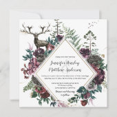 バーガンディとグレイの花模様に鹿と緑の葉  | 招待状 (正面)