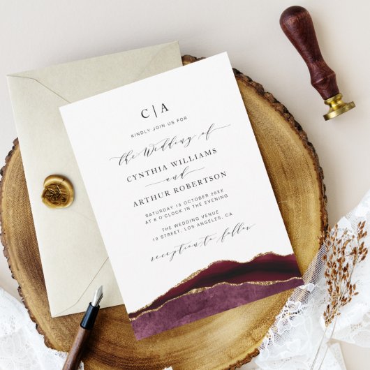 バーガンディとゴールドのアゲートの結婚式 招待状