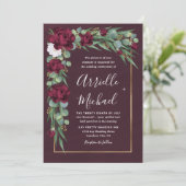 バーガンディとゴールドの花水彩秋の結婚式 招待状 (スタンド正面)