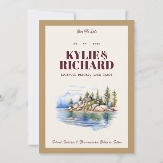 バーガンディとゴールドのSave The Date 招待状 (正面)