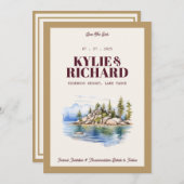 バーガンディとゴールドのSave The Date 招待状 (正面/裏面)