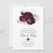 バーガンディとシルバーの花の結婚式 招待状 (正面)