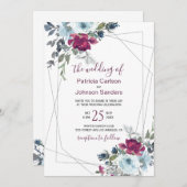 バーガンディとダスティーブルーの冬の花をフィーチャーしたウェディング 招待状 (正面/裏面)