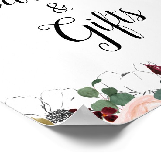 バーガンディとネイビー結婚フローラのカードとギフトのサイン ポスター (角)