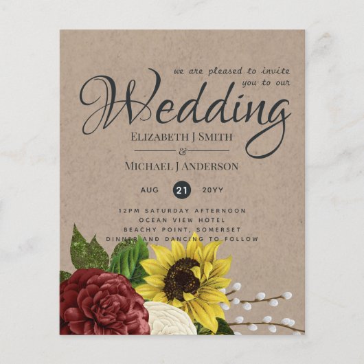 バーガンディとヒマワリをテーマ結婚にした予算 (正面)