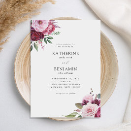 バーガンディとピンクのエレガントな花の結婚式 招待状