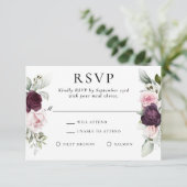 バーガンディとピンクのフローラエレガントRSVP食事の選択 出欠カード (スタンド正面)