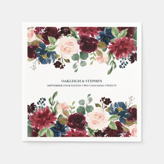 バーガンディとピンクのフローラ水結婚色の スタンダードカクテルナプキン (正面)