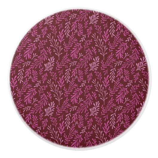 バーガンディとピンクのフローラ熱帯葉パターン セラミックノブ (正面)