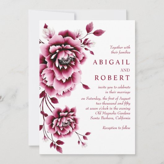 バーガンディとピンクのフローラ牡丹結婚の花 招待状 (正面)
