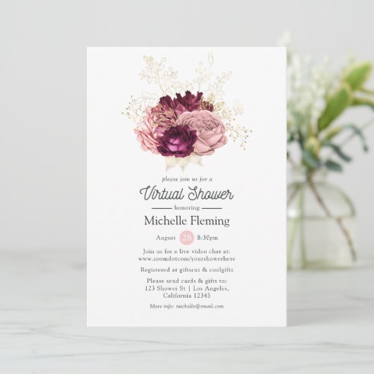 バーガンディとピンクの仮想ベビーまたはブライダルシャワー 招待状 (スタンド正面)