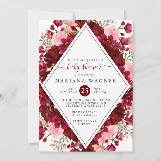 バーガンディとピンクの水の色のフローラ赤ちゃんシャワー 招待状 (正面)