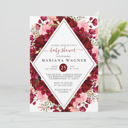 バーガンディとピンクの水の色のフローラ赤ちゃんシャワー 招待状