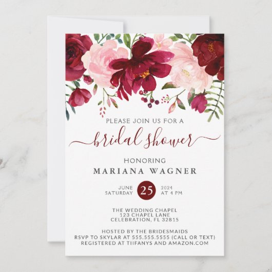 バーガンディとピンクの水カラーフローラブライダルシャワー 招待状 (正面)