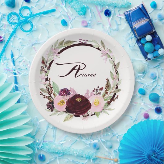 バーガンディとピンクの水色の花 ペーパープレート (パーティー)