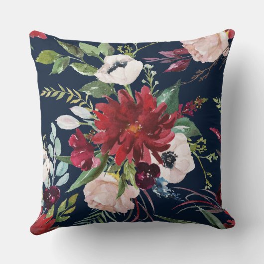 バーガンディとピンクの花のパターン クッション (裏面)