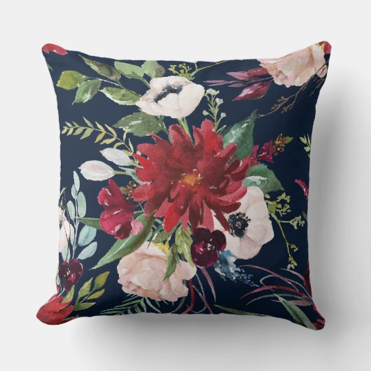 バーガンディとピンクの花のパターン クッション (正面)