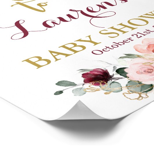 バーガンディとピンクの赤ちゃんシャワー歓迎サイン ポスター (角)