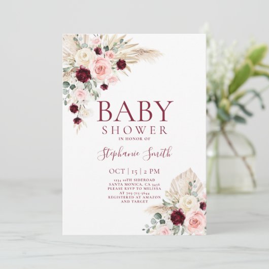 バーガンディとピンクベビーシャワーガール招待状 招待状 (スタンド正面)