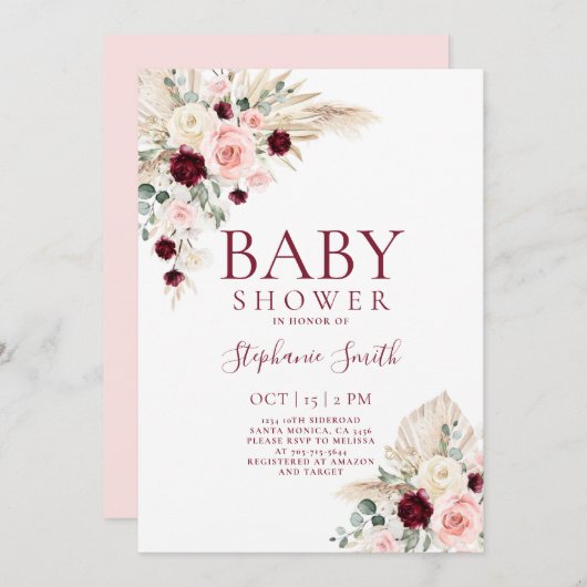 バーガンディとピンクベビーシャワーガール招待状 招待状 (正面/裏面)