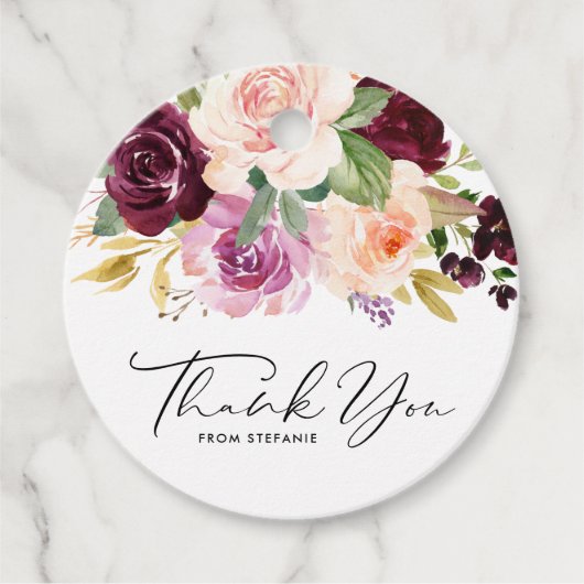 バーガンディとピーチの花のベイビーシャワーのお礼 フェイバータグ (正面)