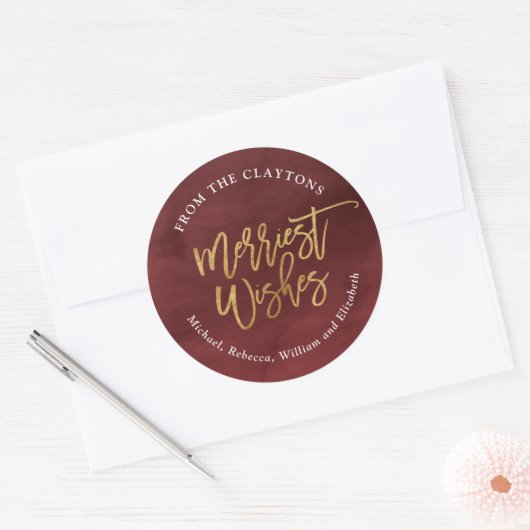 バーガンディとフェイクフォイル メリーステッカー ラウンドシール (封筒)