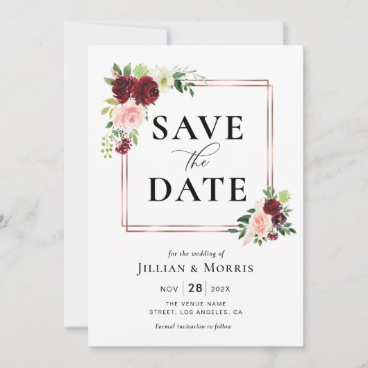 バーガンディとブッシュのフレームで「save the date」 招待状 (正面)
