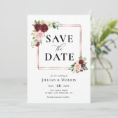 バーガンディとブッシュのフレームで「save the date」 招待状 (スタンド正面)