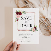 バーガンディとブッシュのフレームで「save the date」 招待状