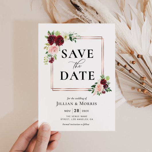 バーガンディとブッシュのフレームで「save the date」 招待状