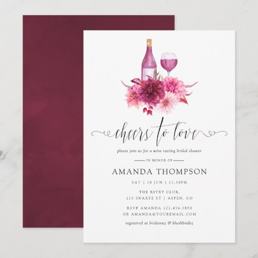 バーガンディとブッシュピンクのブライダルシャワー ワインテイスティング 招待状 (正面/裏面)