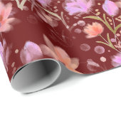 バーガンディとブッシュピンクのヴィンテージ フラワー パターン ラッピングペーパー (ロールコーナー)