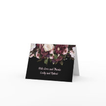 バーガンディとブッシュピンクの花模様が黒の上にThank You