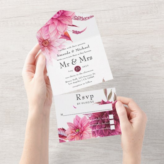 バーガンディとブッシュ オータム フォール ウェディング オール イン ワン オールインワン招待状 (貼ってはがせる)