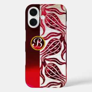 バーガンディとホワイトの赤いダマスクベルベットチューリップモノグラム iPhone 16ケース