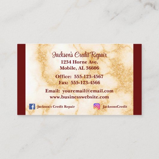 バーガンディと大理石のクレジット修復 名刺 (裏面)