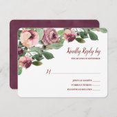 バーガンディと桃フローラ水色返信カード 出欠カード (正面/裏面)