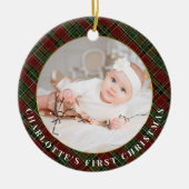 バーガンディと緑の格子写真クリスマスホリデー セラミックオーナメント (正面)
