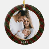 バーガンディと緑の格子写真クリスマスホリデー セラミックオーナメント (裏面)