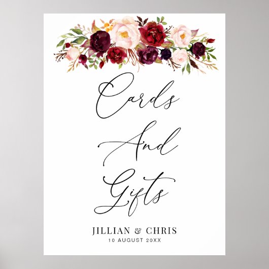 バーガンディと赤面のフローラカードとギフトサイン ポスター (正面)