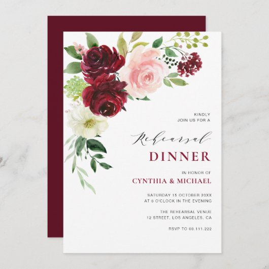 バーガンディと赤面のリハーサルのディナーの招待 招待状 (正面/裏面)